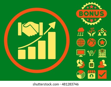Acquisition Growth icon with bonus. Vector illustration style is flat iconic bicolor symbols, orange and yellow colors, green background.