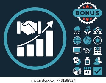 Acquisition Growth icon with bonus. Vector illustration style is flat iconic bicolor symbols, blue and white colors, dark blue background.