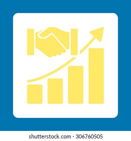 Acquisition Growth vector icon. This flat rounded square button uses yellow and white colors and isolated on a blue background.