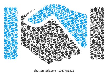 Acquisition handshake collage of dollars and round spots. Vector money pictograms are united into acquisition handshake mosaic.