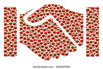 Acquisition Handshake collage of tomato vegetables. Vector tomato elements are organized into Acquisition handshake pattern. Healthy vector design concept.