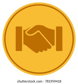 Acquisition Handshake golden coin icon. Vector style is a gold yellow flat coin symbol.