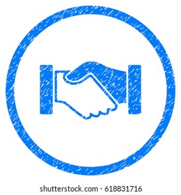 Acquisition Handshake grainy textured icon inside circle for overlay watermark stamps. Flat symbol with dirty texture. Circled vector blue rubber seal stamp with grunge design.