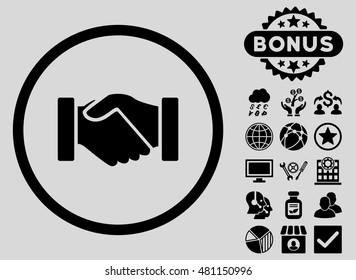 Acquisition Handshake icon with bonus. Vector illustration style is flat iconic symbols, black color, light gray background.