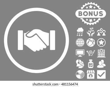 Acquisition Handshake icon with bonus. Vector illustration style is flat iconic symbols, white color, gray background.
