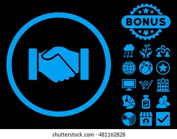 Acquisition Handshake icon with bonus. Vector illustration style is flat iconic symbols, blue color, black background.