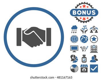 Acquisition Handshake icon with bonus. Vector illustration style is flat iconic bicolor symbols, cobalt and gray colors, white background.
