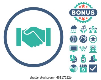 Acquisition Handshake icon with bonus. Vector illustration style is flat iconic bicolor symbols, cobalt and cyan colors, white background.