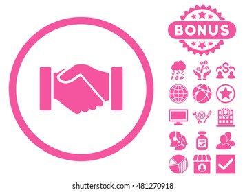 Acquisition Handshake icon with bonus. Vector illustration style is flat iconic symbols, pink color, white background.