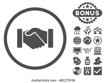 Acquisition Handshake icon with bonus. Vector illustration style is flat iconic symbols, gray color, white background.