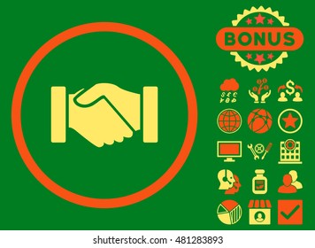 Acquisition Handshake icon with bonus. Vector illustration style is flat iconic bicolor symbols, orange and yellow colors, green background.
