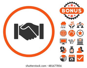 Acquisition Handshake icon with bonus. Vector illustration style is flat iconic bicolor symbols, orange and gray colors, white background.