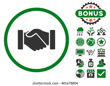 Acquisition Handshake icon with bonus. Vector illustration style is flat iconic bicolor symbols, green and gray colors, white background.