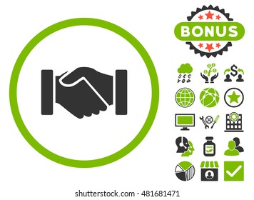 Acquisition Handshake icon with bonus. Vector illustration style is flat iconic bicolor symbols, eco green and gray colors, white background.