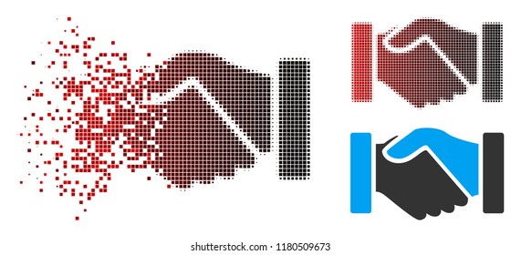 Acquisition handshake icon with face in fractured, dotted halftone and undamaged whole versions. Cells are organized into vector sparkle acquisition handshake icon.