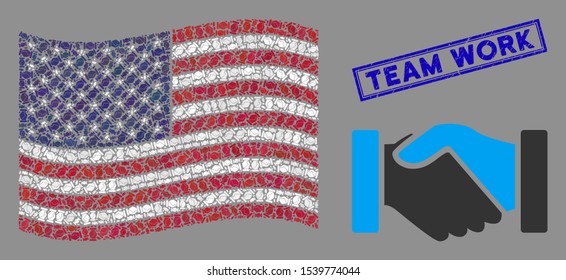 Acquisition handshake icons are organized into American flag collage with blue rectangle corroded stamp watermark of Team Work caption.