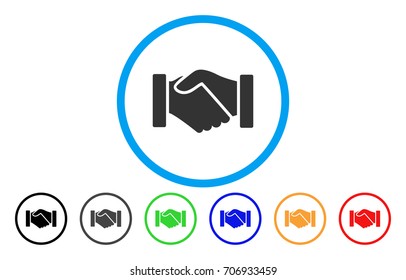 Acquisition Handshake vector rounded icon. Image style is a flat gray icon symbol inside a blue circle. Bonus color variants are grey, black, blue, green, red, orange.