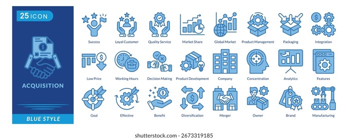 Ícone de aquisição definido em estilo azul, apresentando Empresa, Análise, Metas, Benefícios, Fusão, Marca, Fabricação e Propriedade.