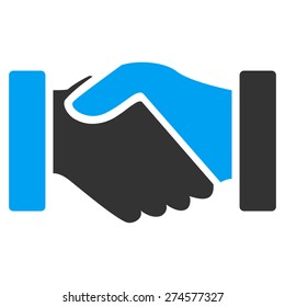 Acquisition icon. This isolated flat handshake symbol uses modern corporation light blue and gray colors.