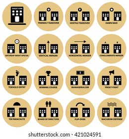 Acquisition, Merger And Takeover Strategy Vector Icon Set 