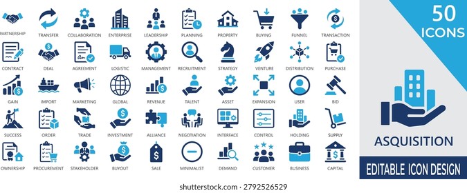 Acquisition solid icon set with mergers, partnership, deal, corporate, contracts, investments, business, and finance symbols.