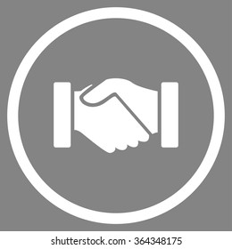 Acquisition vector icon. Style is flat circled symbol, white color, rounded angles, gray background.
