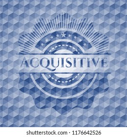 Acquisitive blue emblem or badge with abstract geometric polygonal pattern background.