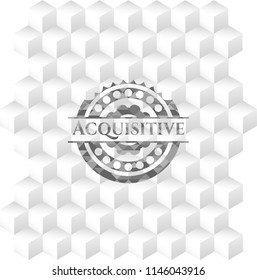 Acquisitive grey badge with geometric cube white background