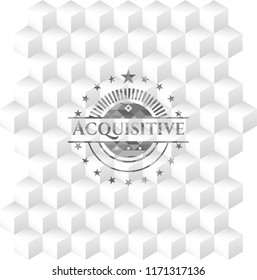 Acquisitive grey emblem with geometric cube white background