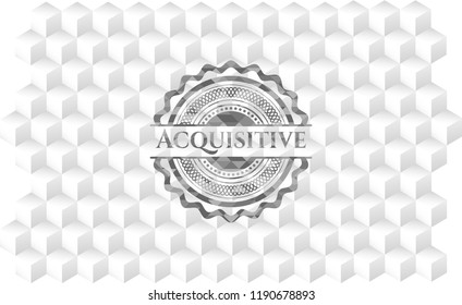 Acquisitive grey emblem. Retro with geometric cube white background
