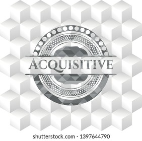 Acquisitive realistic grey emblem with cube white background