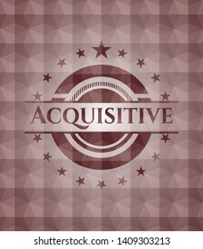 Acquisitive red emblem with geometric background. Seamless.