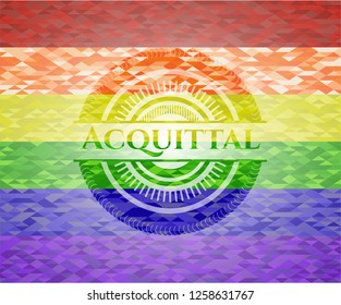 Acquittal emblem on mosaic background with the colors of the LGBT flag