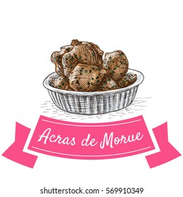 Acras de Morue colorful illustration. Vector illustration of French cuisine.