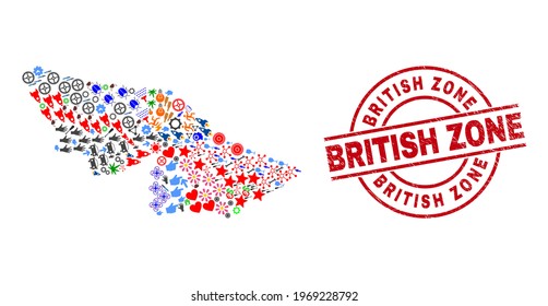 Acre State map mosaic and unclean British Zone red round seal. British Zone seal uses vector lines and arcs. Acre State map collage contains helmets, homes, screwdrivers, bugs, people, and more icons.