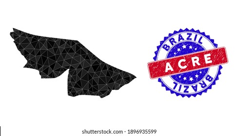 Acre State map polygonal mesh with filled triangles, and rough bicolor rubber seal. Triangle mosaic Acre State map with mesh vector model, triangles have randomized sizes, and positions,