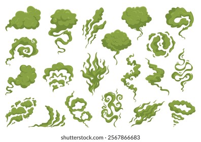 Acrid smoke green clouds. Toxic smell, stinky fart steam, spoiled products aroma, chemical poisonous acid evaporation, smelly bad breath, isolated background elements, nowaday vector set