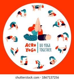 Acro yoga asana set. Cute couple doing yoga together. Wellness, balance, gym and togetherness concept. Trendy cartoon design.