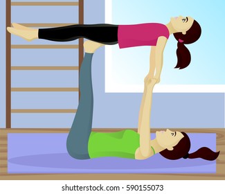 Acro yoga with child in gym vector illustration