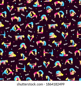 Acro yoga - seamless pattern with cute cartoon characters doing asanas. Great choice for textile or wallpapers print, apparel or yoga studio brand design.