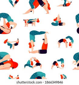 Acro yoga - seamless pattern with cute cartoon characters doing asanas. Great choice for textile or wallpapers print, apparel or yoga studio brand design.