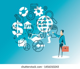 Acrobat. Businessman juggling business icons. Concept business vector illustration