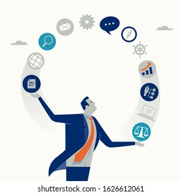 Acrobat. Businessman juggling business icons. Concept business vector illustration