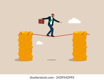 Acrobat businessman walks from one stack of coins to another along a tight rope. Overcome difficulty. Flat vector illustration