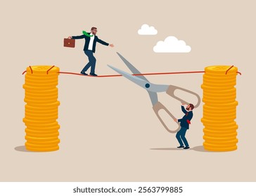 Acrobat businessman walks from one stack of coins to another along a tight rope, meanwhile a competitor with scissors is cutting the rope. Overcome difficulty. 