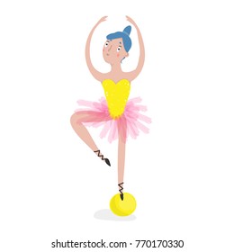 Acrobat girl on a ball. Hand drawn vector illustration