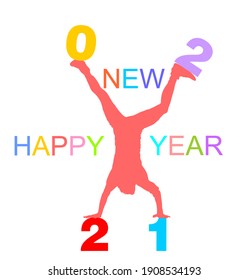 Acrobat man wish Happy New Year 2021 doing cartwheel exercise. Handstand position vector silhouette illustration. Standing on hand pose. Hand stand athlete performer. Stunt exercising. 