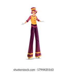 Acrobat on stilts, clown stilt walker, isolated vector big top circus artist. Jester performer, circus show entertainer in funny costume, wig, makeup and red fake nose. Cartoon stage comedian or joker