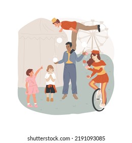 Acrobat performance isolated cartoon vector illustration. Amusement park performance, girl in costume riding unicycle, man stands on other man shoulders, acrobat show for kids vector cartoon.