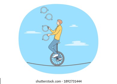 Acrobat, performer, challenge concept. Young man acrobat circus artist riding on bike on rope and juggling with rings over blue sky at background vector illustration. Confidence skill success